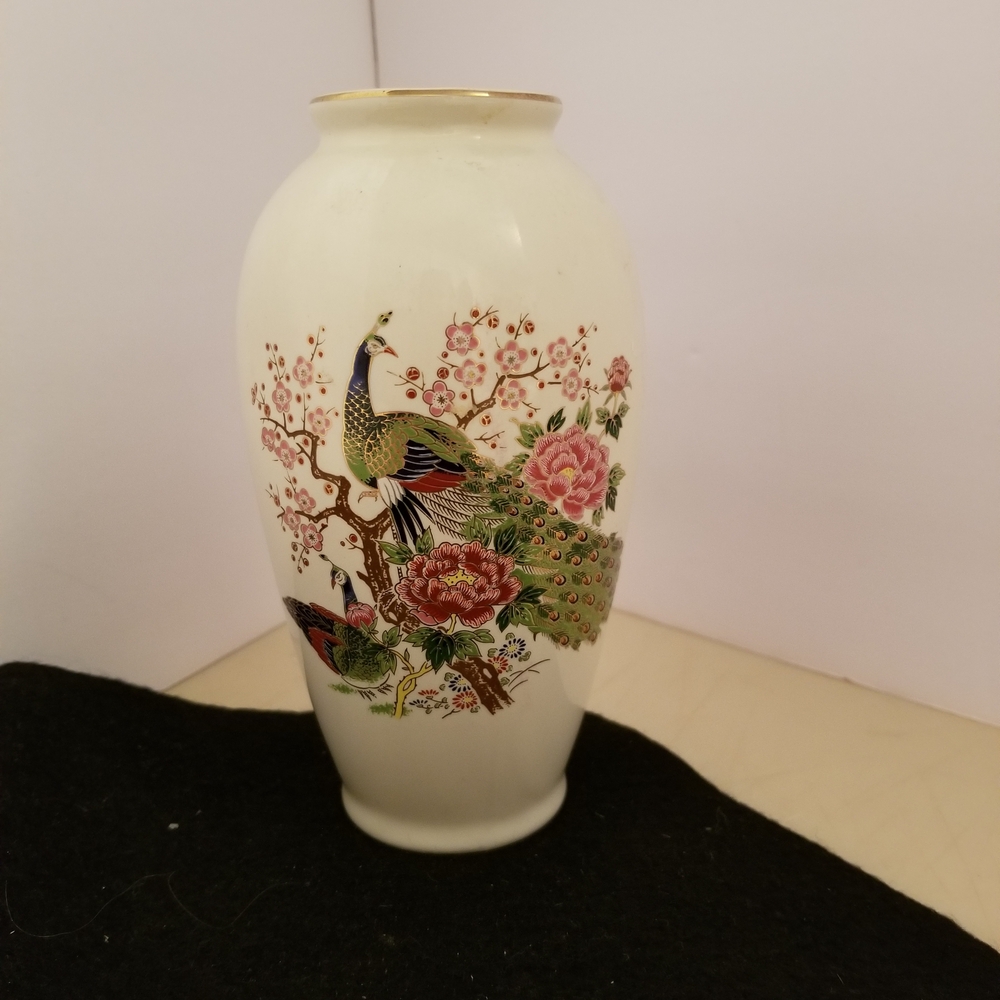 Elegant White Vase with Floral and Peacock Design